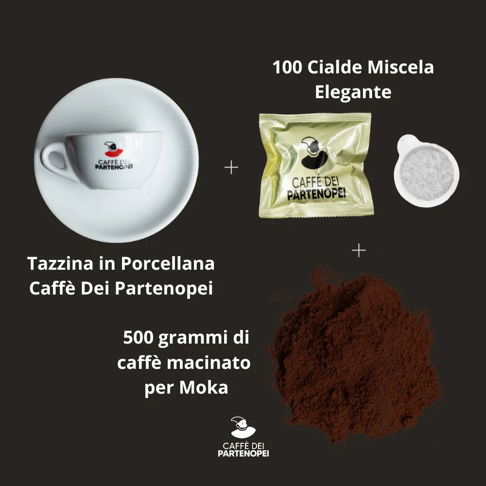 100 Cialde Miscela ELEGANTE + 500 Grammi di Caffè Macinato + Tazzina Porcellana