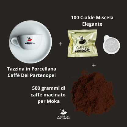 100 Cialde Miscela ELEGANTE + 500 Grammi di Caffè Macinato + Tazzina Porcellana